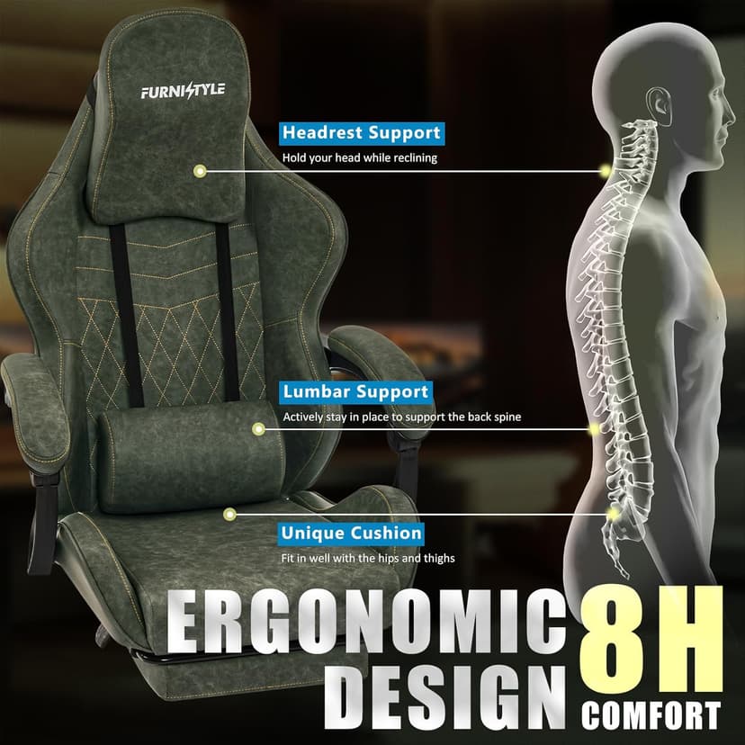 Gaming Chair Big and Tall, Green Leather Video Game Chairs with Footrest, Padded Linkage Armrests & Large Headrest, Ergonomic Computer Chair 350lbs for Adults Gaming or Office Use