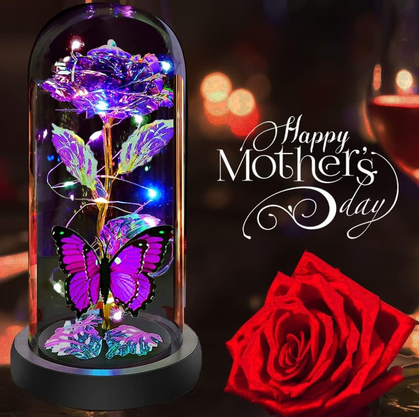Christmas Rose Gifts for Women, Womens Gifts for Christmas Mom Sister Grandma Wife Her,Galaxy Crystal Light Up Rose Flower in A Glass Dome,Birthday Gifts for Women Butterfly Valentines Presents Purple