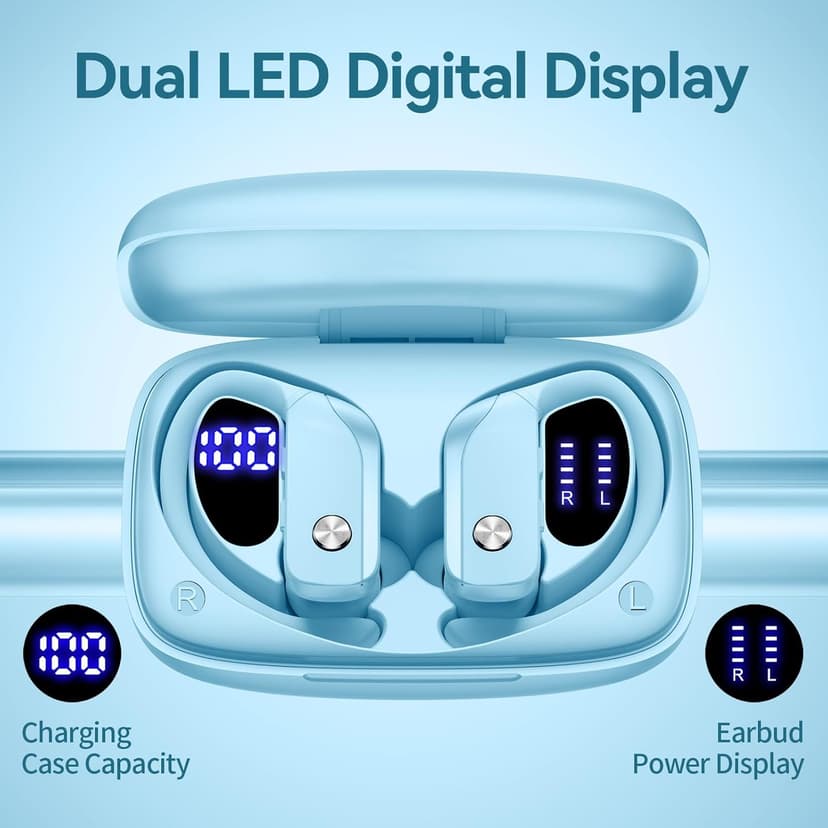 bmani Ear Buds Wireless Earbuds Bluetooth Headphones with 80H Playtime LED Display Case, Over-Ear Hook with Mic, Stereo Sound, Easy Button Controls, Sports Earphones for Running Workout Sky Blue