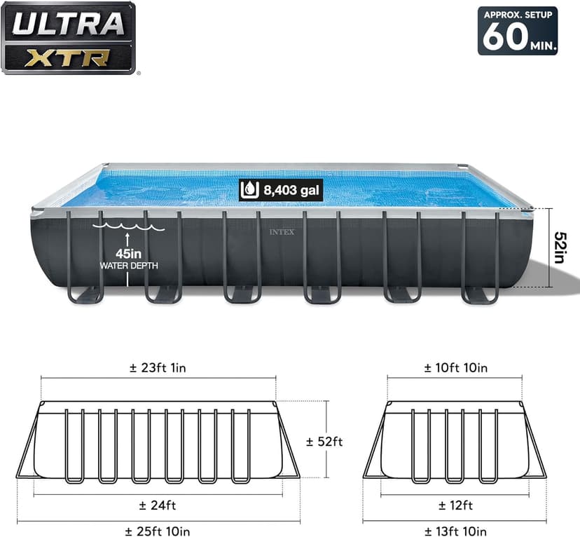 Intex 26363EH Ultra XTR Deluxe Rectangular Above Ground Swimming Pool Set: 24ft x 12ft x 52in – Includes 2100 GPH Sand Filter Pump – Easy Assembly