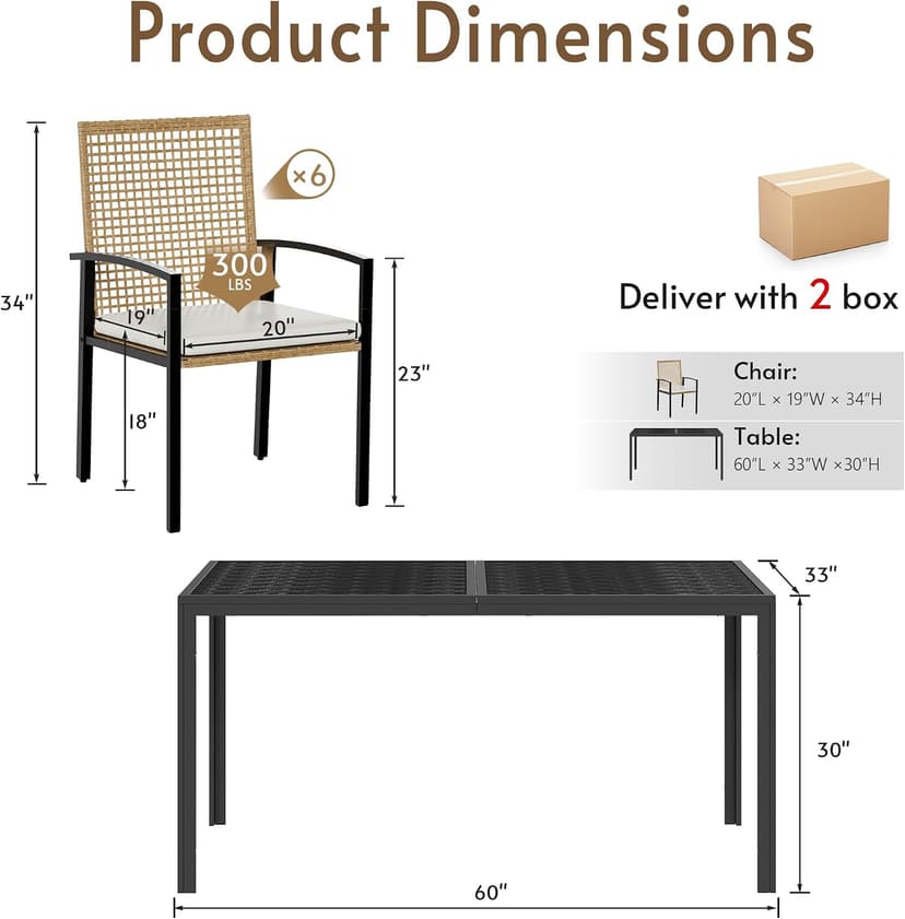 7-Piece Outdoor Dining Set for 6, Patio Dining Set with Hand-Woven Wicker Chairs & Cushions, 60" x 33" x 30" Wider Aluminum Woodgrain Table for Deck, Garden, Backyard