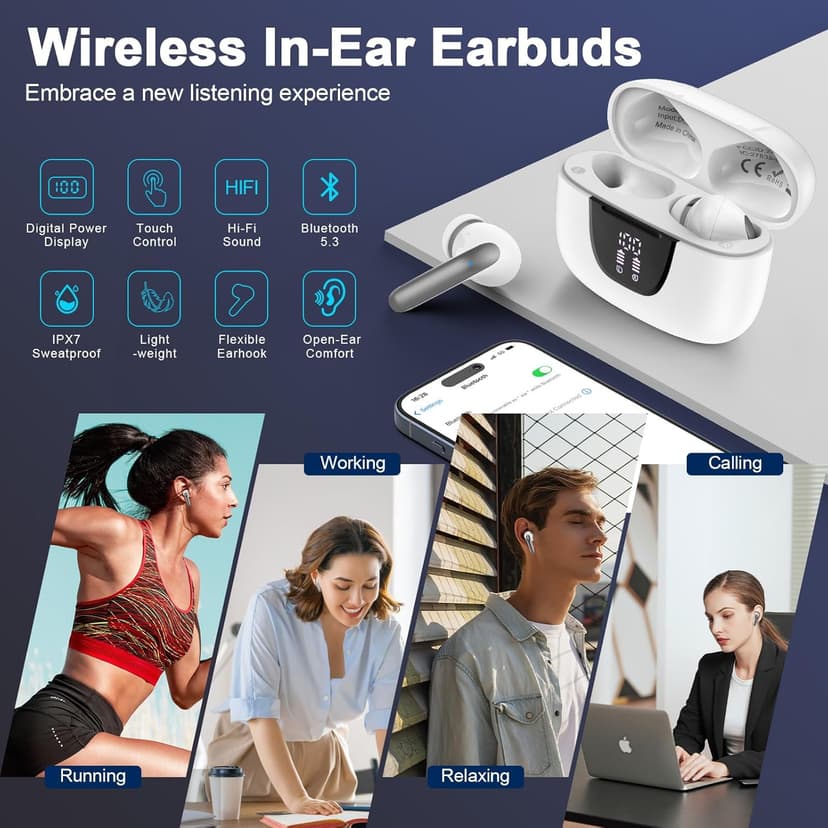Wireless Bluetooth 5.3 Earbuds for iPhone 17 Pro Max Air 16 Pro 16e 15 Plus Pixel 10 9 8 Pro XL 9a 8a 7 Bluetooth Headphones 60H Playback LED Power Display in Ear Earphones with Microphone for Sports