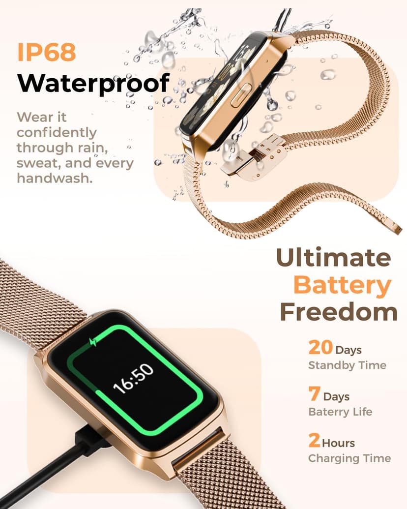 paybay Fitness Tracker Watch for Men Women, Activity Tracker for iPhone and Android with Step Counter, Calorie, Sleep Monitor, 110+ Sports Modes, IP68 Waterproof Smartwatch (Minimalist, Gold, 1.57)