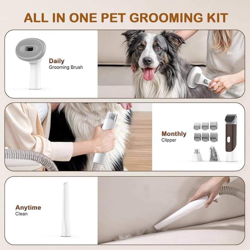 Dog Grooming Vacuum, Dog Grooming Kit with Pet Clipper Nail Grinder, 6 Pet Grooming Tools (Caramel)