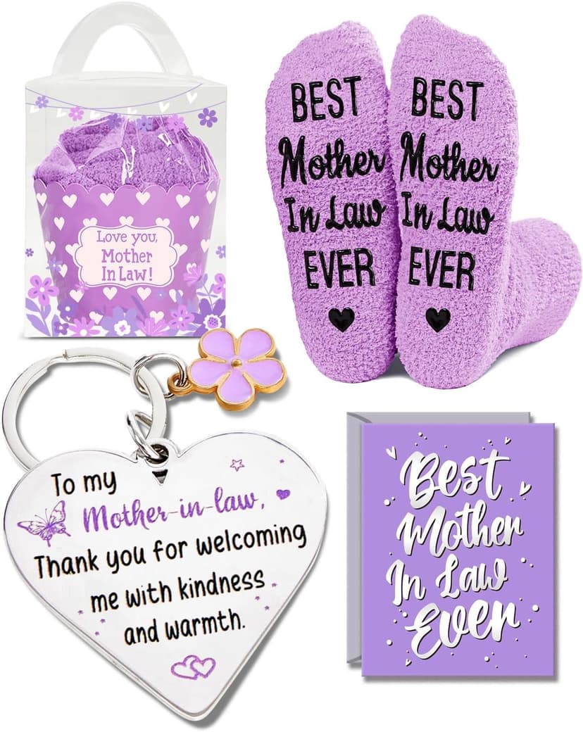 HAPPYPOP Gifts for Mother in Law - Mothers Day Socks Keychain with Greeting Card, Mom in Law Birthday Gifts Christmas Stocking Stuffers