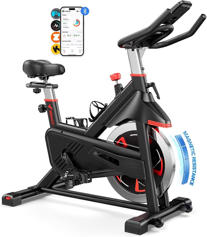 Merach Exercise Bike for Home Gym, Low Noise Stationary Bike with Brake Pad, Indoor Workout Bike with Self-Developed App, Tablet Mount and Fitness Courses for Weight Loss, 300 Lb Weight Capacity