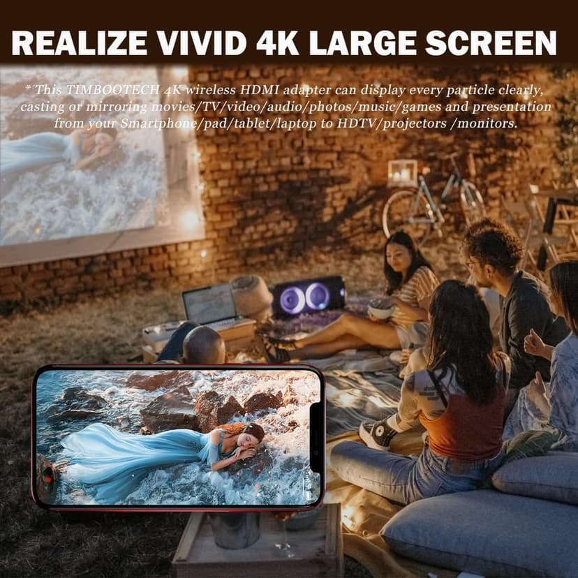 Wireless HDMI Display Dongle Adapter 4K, TIMBOOTECH WiFi HDMI Dongle Adapter Casting Video Receiver for Phone/Pad/OS/Android/PC/MacOS to TV/Projector/Monitor, Support Miracast, DLNA, Airplay