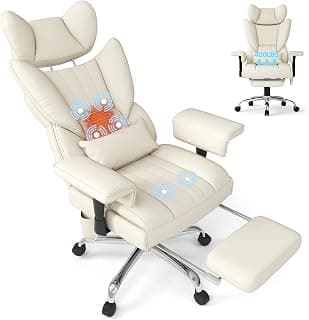 Massage Office Chair with Heat - 6 Points Vibration 400LBS Leather Reclining Office Chair with Lumbar Pillow, Adjust Headrest and Armrest, Executive Desk Chair for Home Office, Beige