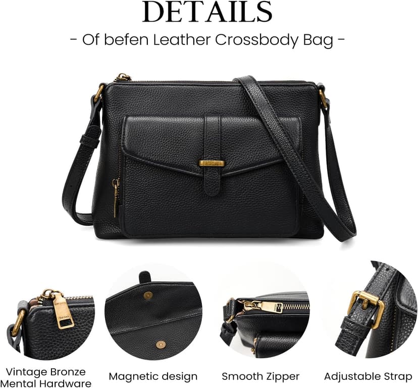befen Genuine Leather Crossbody Bags for Women Soft Small Leather Purse with Built in RFID Wallet Trendy Shoulder Handbags