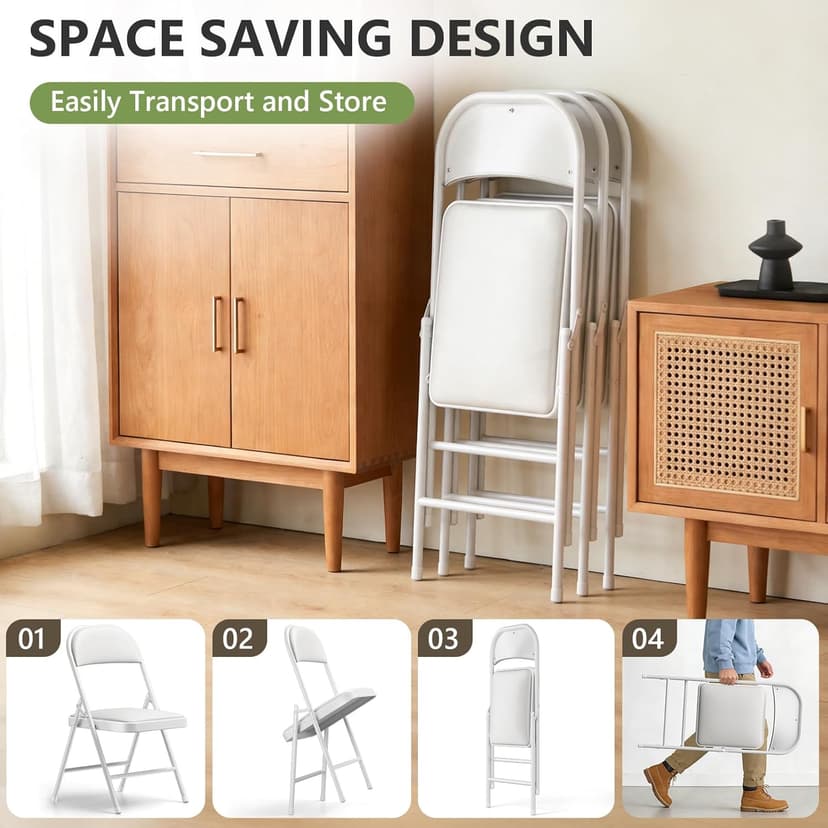 Folding Dining Chairs Set of 2 - Modern PU Leather Folding Chairs with Cushion Seat & Back Metal Legs Kitchen Chairs Folding Chair Set for Kitchen/Living Room/Bedroom/Parties (White)