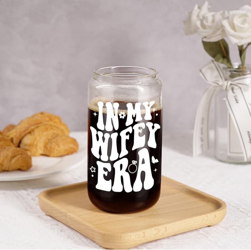 Fairy's Gift Wifey Era Cup, Wedding, Bride Gifts for Her, Bridal Shower, Engagement Gifts for Women, Couples, 16 oz Coffee Glass Cups w/Lids Straws, Bachelorette Presents for Bride to be, Future Mrs