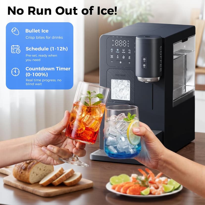 3-in-1 Water Dispenser with Ice Maker - Coffee Maker Countertop Bullet Ice Maker with 12H Timer, Hot/Cold/Warm Adjustable Volume Water, K-Cup® Ground Coffee Brewer for Home Office Studio Gift