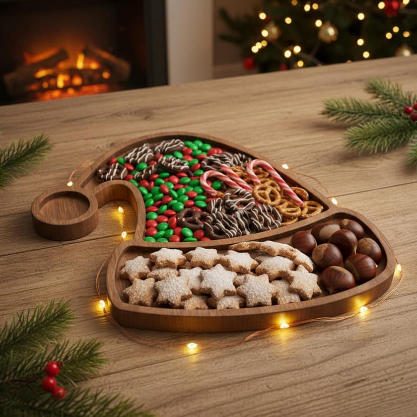 Maxcheck Santa Hat Christmas Serving Tray Platter Charcuterie Board Christmas Wood Serving Dish Cutting Board Rustic Farmhouse 11.42 x 10.43 Inches Table Plate for Cheese Food Fruit Party