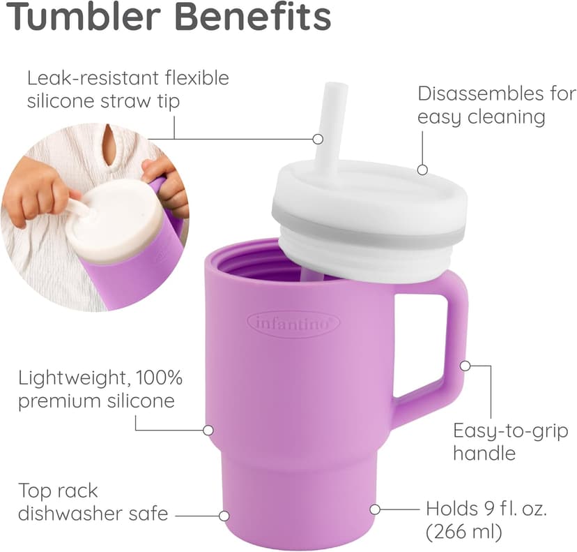BPA-free silicone straw helps reduce spills while little ones build confidence with independent sipping Infantino My 1st Tumbler Straw Cup with Handle, 9oz, Lilac B0DF3L6CQ1