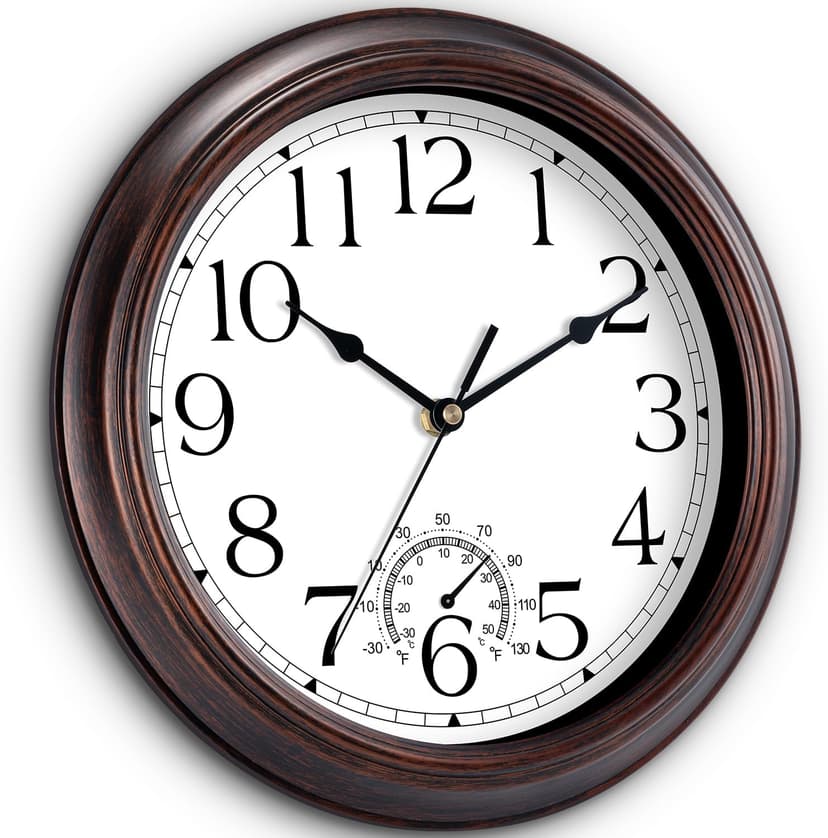 KECYET 8.5 Inch Outdoor Wall Clock with Thermometers, Vintage Silent Wall Clocks Battery Operated, Retro Non-Ticking Clock Decorative for Living Room, Patio, Kitchen, Office, Bathroom, Bedroom(Bronze)