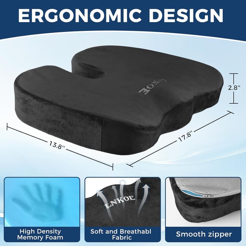 Gel Memory Foam Layer Wheelchair Cushion - Wheelchair Office Chair, Kitchen Chair, Car Seat - Pressure Pain and Tailbone Pain Relief - High Density Foam Base (Black)