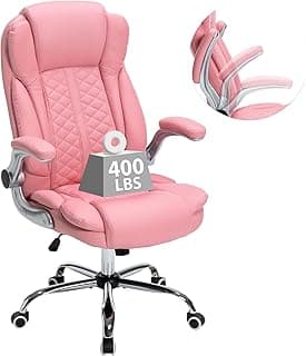 400lbs Executive Office Chair with Flip-Up Armrests, Big and Tall Computer Chair for Heavy People, Heavy Duty Ergonomic Comfy Chair, Breathable PU Leather (Pink)