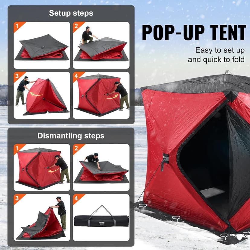 VEVOR Portable Pop-Up Tent, 1-8 Person Insulated Shelter, Large Fishing Area, Hub-Style Shanty for Winter Fishing, Waterproof Oxford Ice Cube with Anchors/Ropes/Carrying Bag