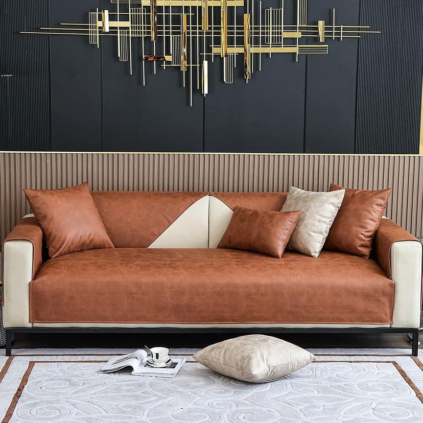 vctops Vintage Leather Look Sofa Cover Water Resistant Non-Slip Sectional Couch Cover Sofa Slipcover for Dogs, Children, Pets Furniture Protector (Coffee,43"x63")