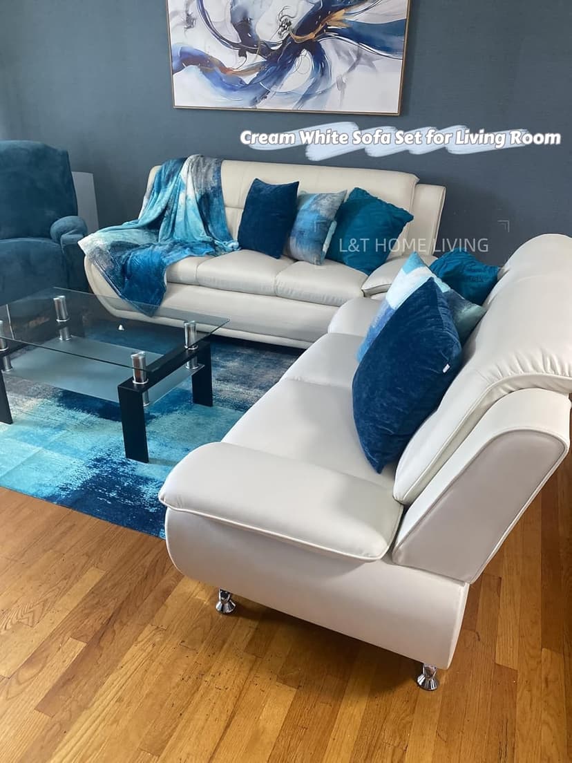 Leather Sofa Set for Living Room 3 Piece Living Room Furniture Set Modern Couch Set with 3-Seater Sofa, Loveseat and Armchair (Cream White)