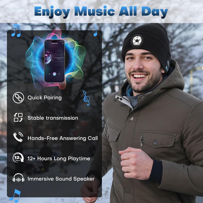 Bluetooth Beanie with Light, USB-C Charging 5 LED Flashlight Hat, Built-in Stereo Speakers Mic, Christmas Stocking Stuffers White Elephant Gifts for Men Dad Teens Boys for Camping Fishing B0DJ17Q4X3