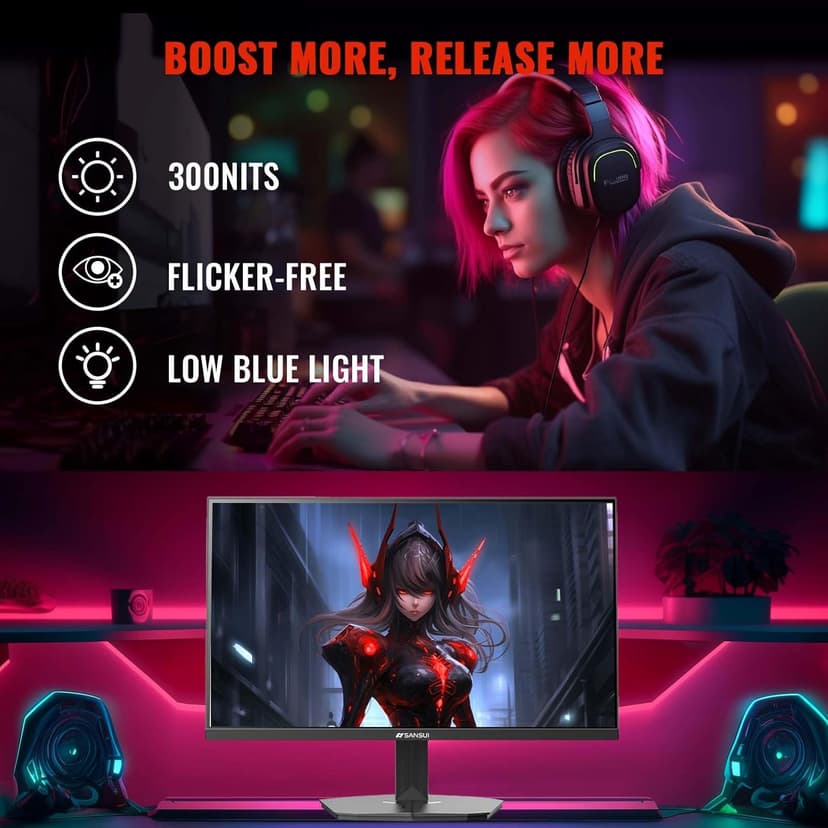 SANSUI 24 Inch Gaming Monitor 200Hz 1Ms FreeSync HDR 110% sRGB FHD 1080P Computer Monitor HDMI DP Ports Eye Care Frameless VESA Mount Cable Management (ES-G24F4L HDMI Cable Included)