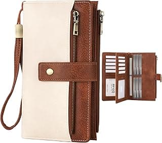 OMISTAR Women's RFID Blocking PU Leather Wallet, Trifold Clutch Purse with Wrist Strap, Multi-Compartment Credit Card Holder with Zipper Pockets for Cash, ID, Coins, Travel Essentials