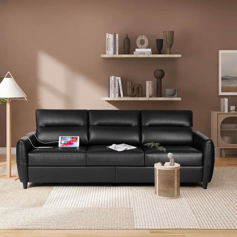 STHOUYN 85” Black Faux Leather Couch with USB, 3 Seater Sofa Couches for Living Room, Large Mid Century Modern Office Apartment Couch (Black)