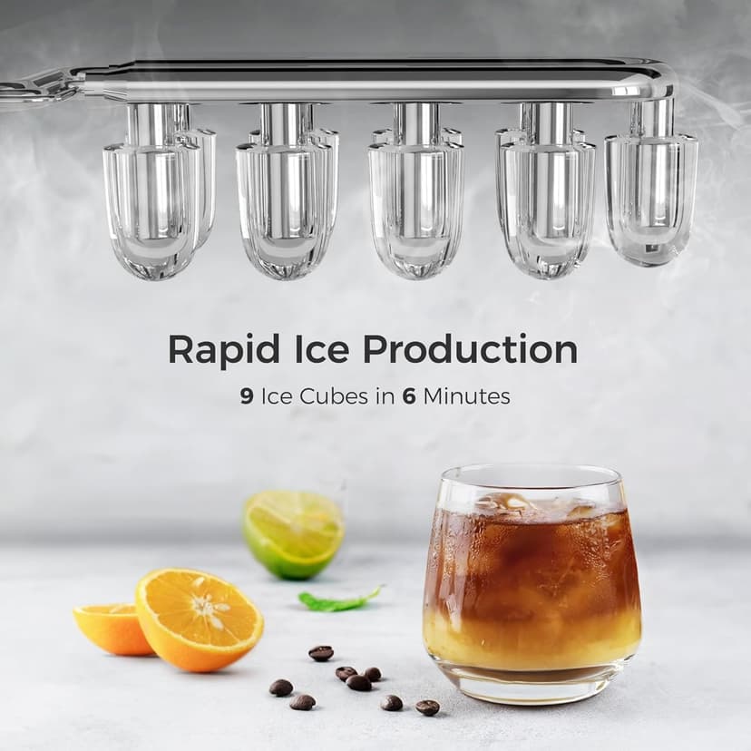 Kismile Ice Maker Countertop with 8 Bullet Ice in 6 Mins, Compact Countertop Design, Portable and Simple One-Touch Operation Efficient for Home/Office Use（Grey）