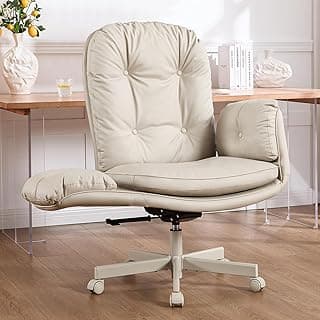 amseatec Criss Cross Chair with Armrests & Wheels for Cross-Legged Sitting, Comfortable Adjustable Swivel Office Desk Chair –PU Leather Vanity Chair for Home, Makeup and Bedroom (Cream)