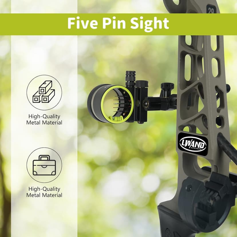 Archery 5-Pin Bow Sight - 0.019" Fiber, Brass Pin, Aluminum Machined - Right and Left Handed, with Hi-Vis Level for Archery, Hunting, Shooting