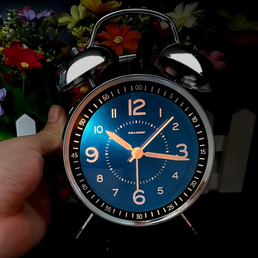 Peakeep Loud Alarm Clock for Heavy Sleepers Adults, Metal 4.5 Inches Twin Bell Battery Operated Analog Alarm Clocks for Bedrooms Decoration (Jewel Blue)