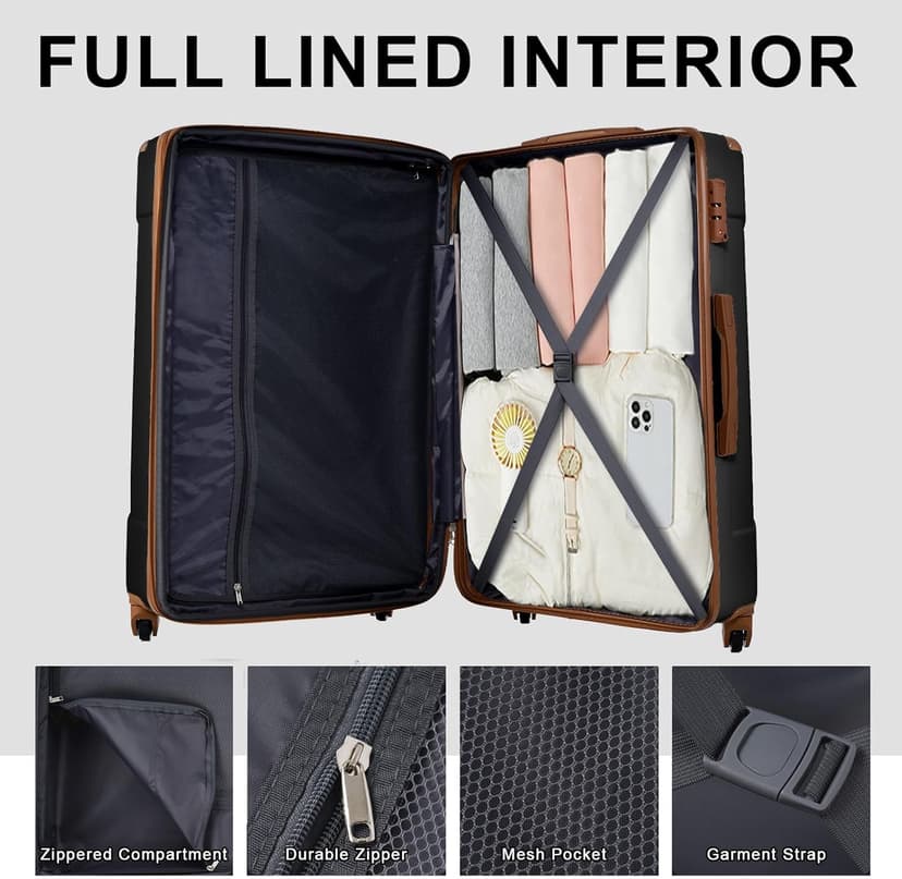 Merax Luggage Sets 3 Piece Hardshell 8 Spinner Wheels Lightweight Suitcase Corner Guards Travel Luggage (Black brown 20IN 24IN 28IN)