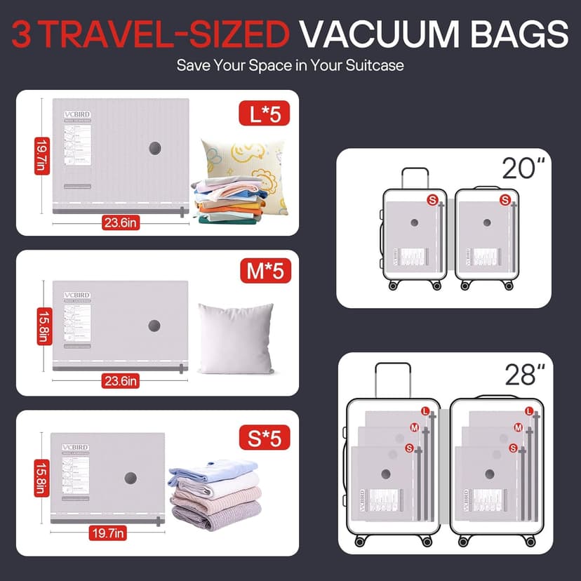 VMstr 15-Pack Vacuum Seal Bags for Clothing with High Pressure DC Electric Pump | Compression Vacuum Bags for Travel & Luggage Packing | Carry-On Size
