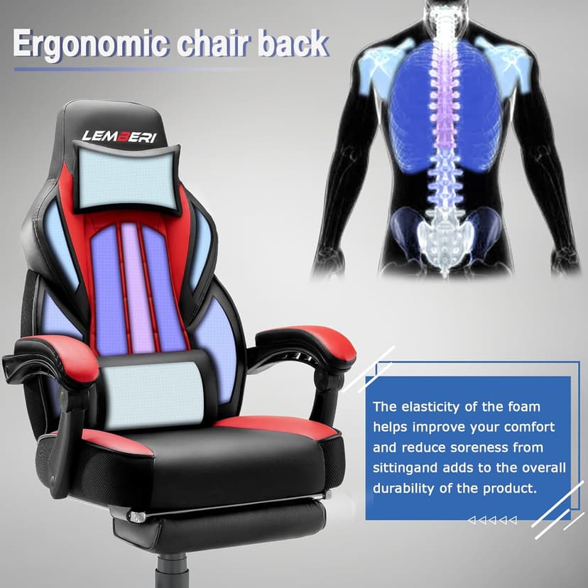 LEMBERI Big and Tall Gaming Chair 400lb Capacity, Heavy-Duty Office Chair with Reinforced Footrest, Wide Seat High Back PC Desk Chair with Linkage Armrests, Thickened Steel Frame, PU Leather, Red