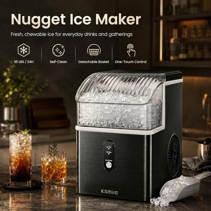 Kismile Nugget Ice Maker Countertop, 35Lbs/24H Pebble Ice Maker with Chewable Pellet ice, First Ice in 7 Mins, Self-Cleaning Ice Machine with Removable Basket for Home & Kitchen(Black)