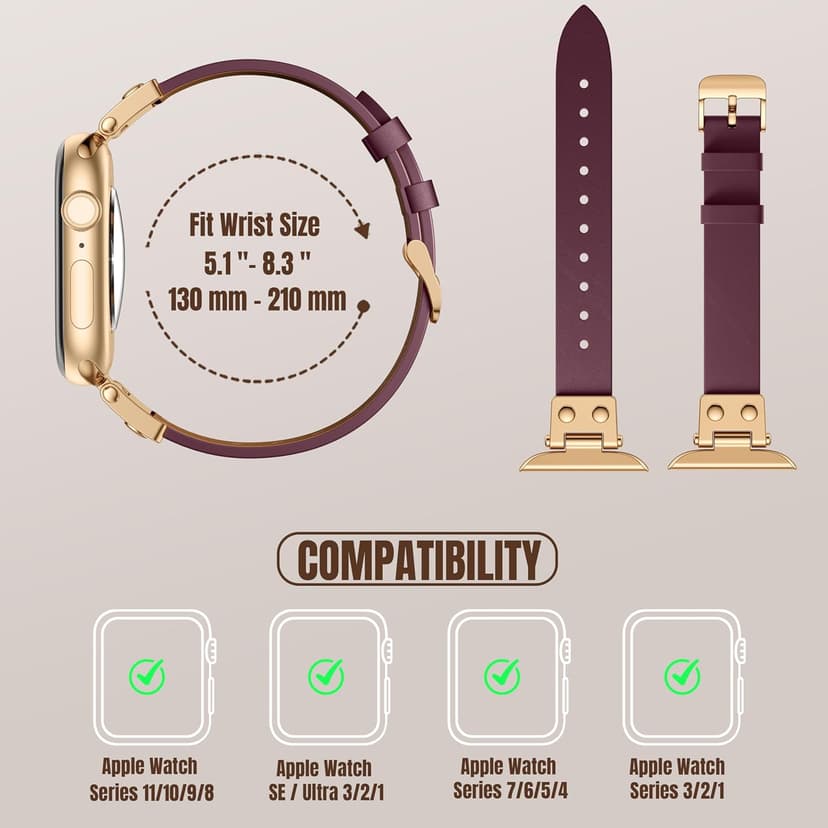 SNBLK Slim Leather Band Compatible with Apple Watch Bands for Women 40mm 41mm 42mm 44mm 46mm 49mm 38mm 45mm, Dressy Top Grain Genuine Leather Strap for iWatch SE Series 11/10/9/8/7/6/5/4/3/2/1 Ultra