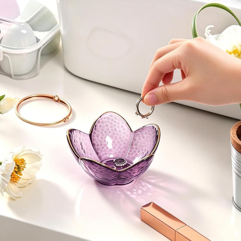 Purple Flower Jewelry Dish Glass Ring Dish Jewelry Tray Cute Vanity Organiser Room Decor Aesthetic Nightstand Bathroom Decor Trinket Dish Ring Holder Valentine's Friendship Birthday Gifts for Women