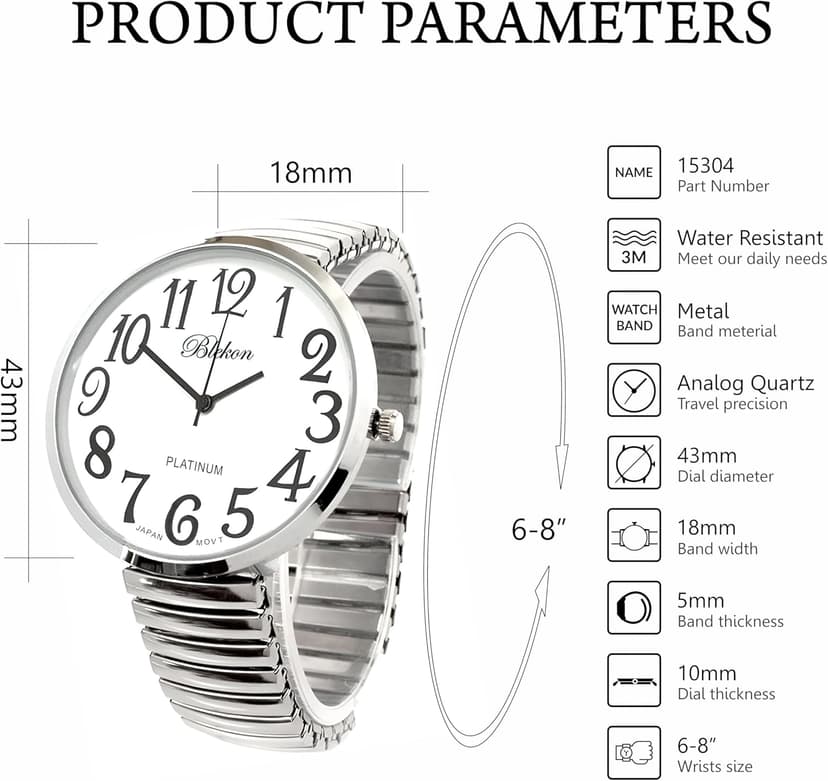 Geneva Blekon Collections Silver Super Large White Face Case Size 43mm EXTRA LARGE Stretch Band Japanese Movement PC21J Fashion Watch