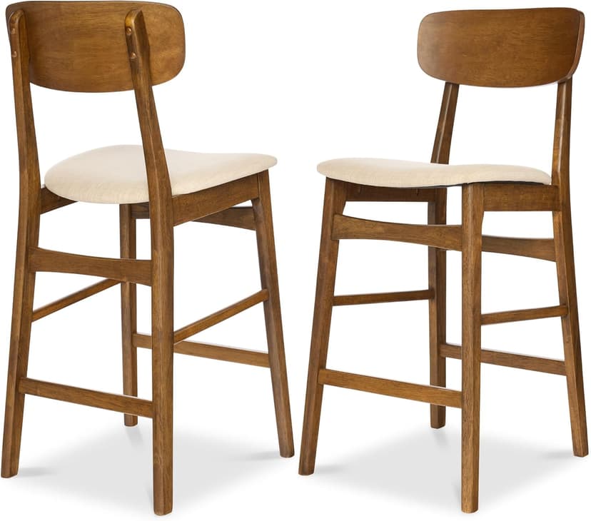 Best Choice Products Bar Stool Set of 2, Modern Farmhouse Counter Height Stools w/Upholstered Cushioned Seat, Wooden Curved Backrest - Walnut/Cream