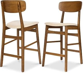 Best Choice Products Bar Stool Set of 2, Modern Farmhouse Counter Height Stools w/Upholstered Cushioned Seat, Wooden Curved Backrest - Walnut/Cream