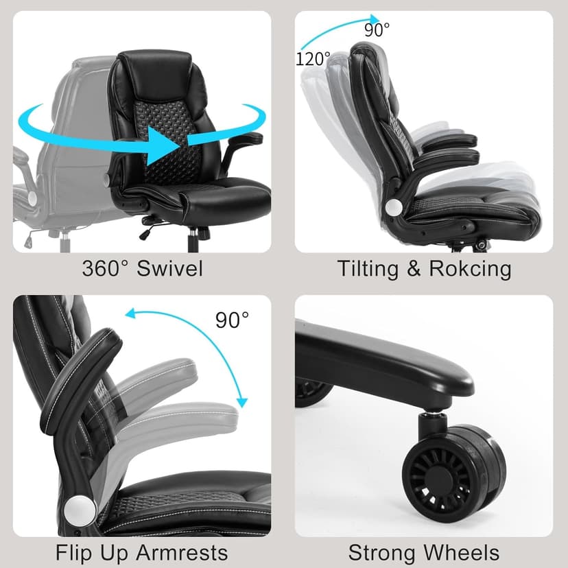Big and Tall Ergonomic Office Chair, Executive Office Chair with Flip-up Arms, PU Leather Computer Desk Chair, Adjustable Lumbar Support Heavy Duty Space Saving Swivel Chair