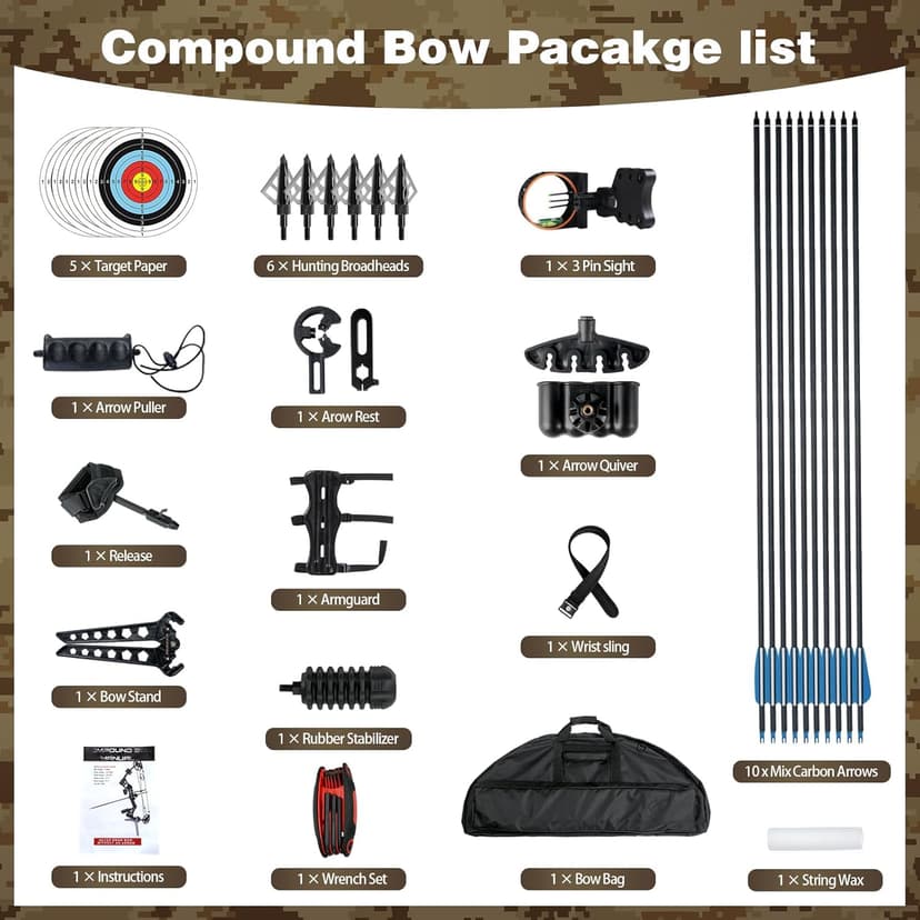 Compound Bow and Arrow Set for Adults 30-65LBS Draw Weight, Ready to Hunt, Archery Hunting Bows 19.5"-30.5" Draw Length, Limbs Made in US