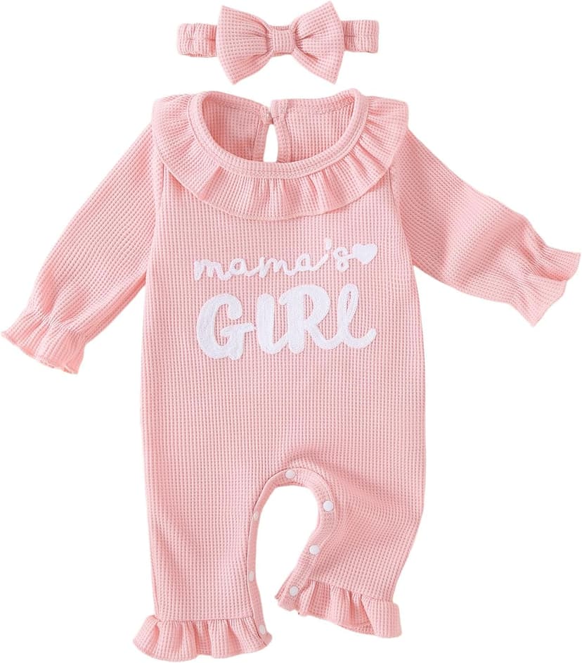 Soft waffle knit romper with ruffle trim, snap closure and matching bow headband QITUDATEY Baby Girl Waffle Knit Romper with Headband, Ruffle Jumpsuit B0HCKVJZZB