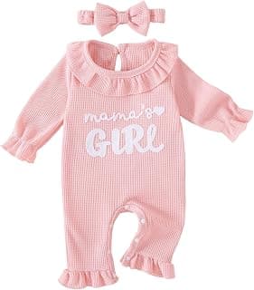 Soft waffle knit romper with ruffle trim, snap closure and matching bow headband QITUDATEY Baby Girl Waffle Knit Romper with Headband, Ruffle Jumpsuit B0HCKVJZZB