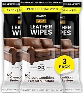 EVEO Leather Cleaner Wipes 4-in-1 Leather Cleaner and Conditioner for Furniture, Car Interior, Couch, Shoes & Purses – UV Protection, XL Moistened Cleaning Wipes Restore & Protect – 3 Pack (90 Total)