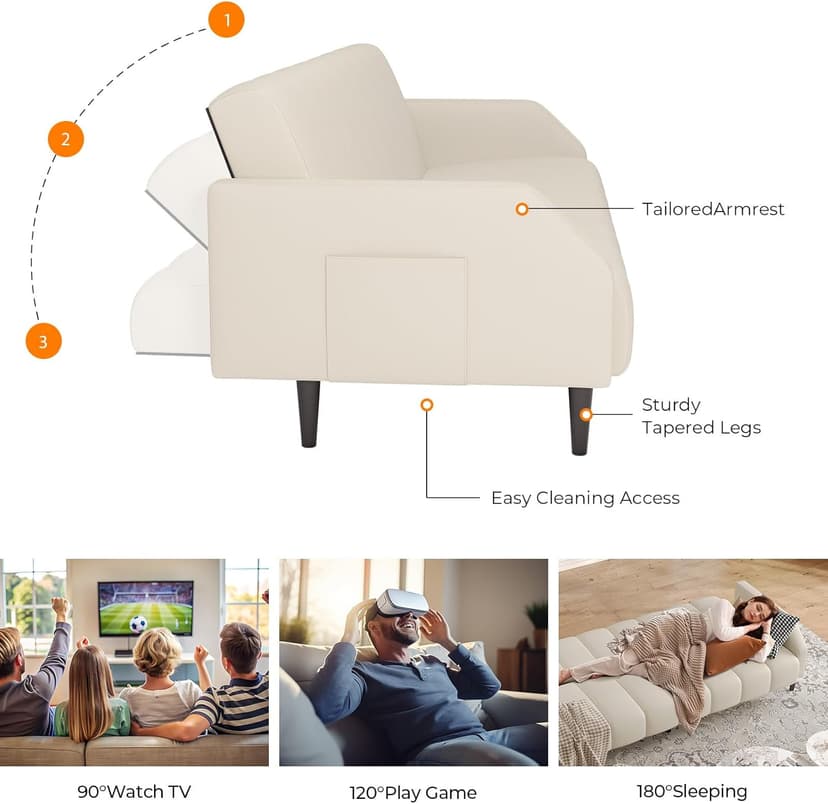 Fadware Faux Leather Couch, Convertible Futon Sofa Bed with Adjustable Backrest, Mid Century Leather Sofa Loveseat with Side Pockets& Metal Leg, Modern Leather Sleeper Sofa for Living Room Bedroom