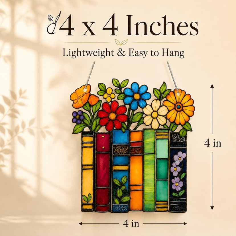 Book Lovers Gifts for Women, Book Ornament Faux Stained Glass Window Hanging, Bookish Gifts for Teacher, Librarian, Reader, Bookworm, Christmas Stocking Stuffer Tree Decorations (Floral Shelf)