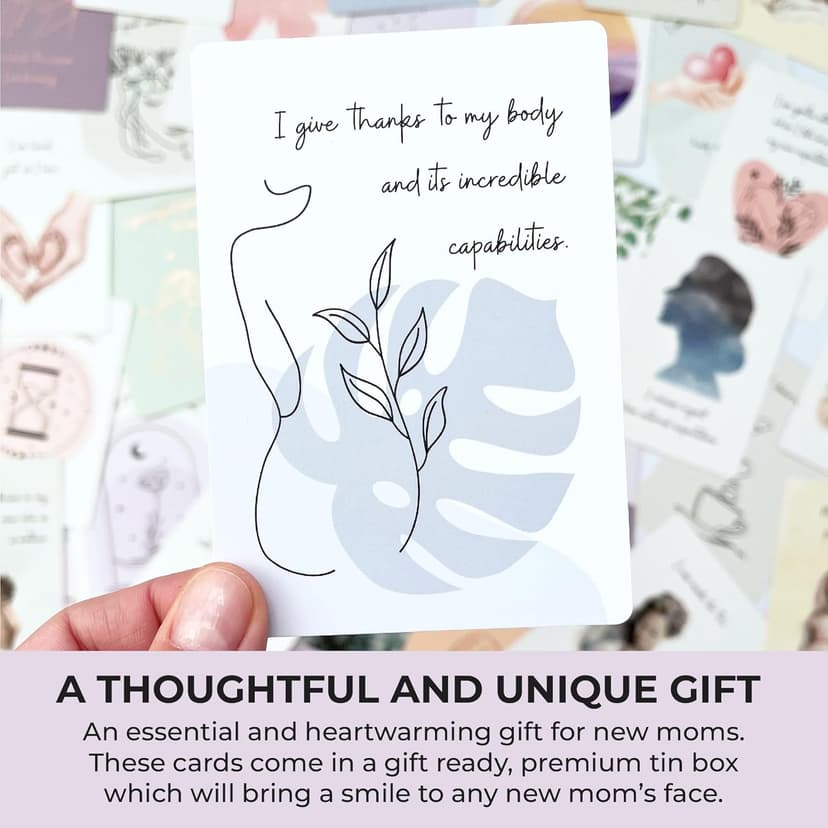 New Mom Affirmation Cards - 50 Postpartum Affirmation Cards for Women - Pregnancy & Self-Care Gifts for New Mom After Birth in Tin Box with Wooden Stand