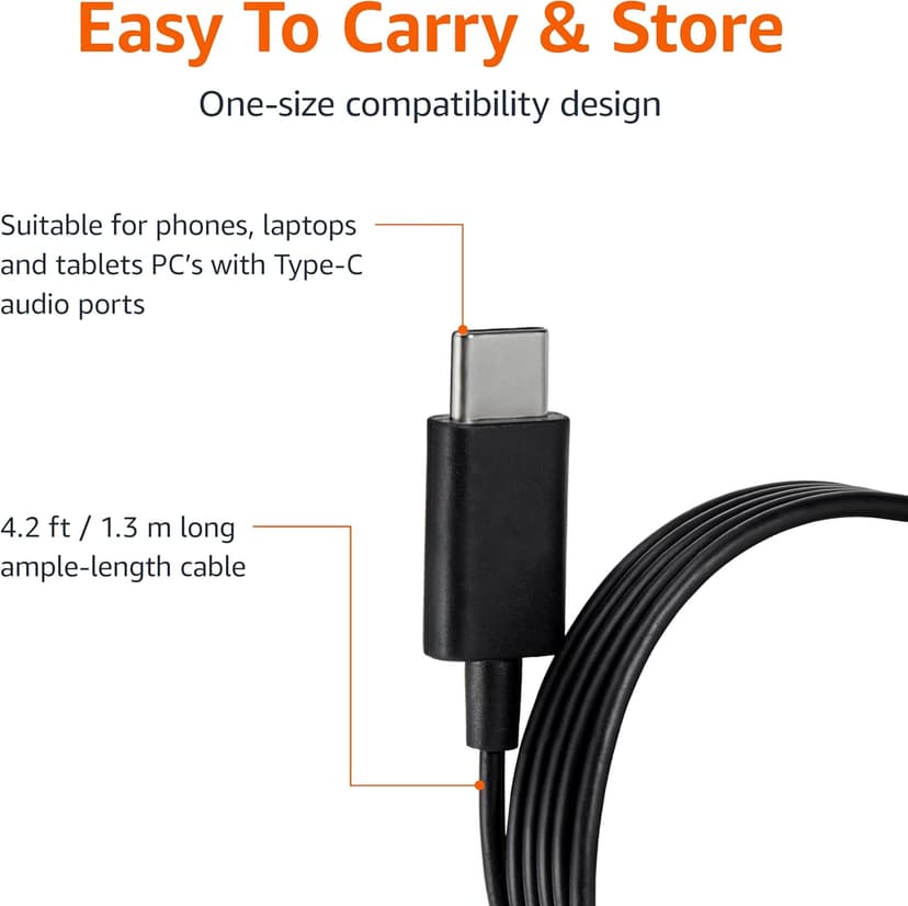 Amazon Basics Wired Earbuds with Microphone, in Ear Headphones, USB-C, 4.2 ft Long Cable, S/M/L Ear Tips, One Size, Black